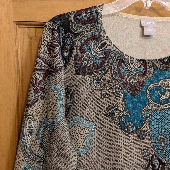Chico's Sweater Pullover 2 LG Paisley Floral LS Top Green Brown Boho Artsy Comfy - Picture 5 of 12